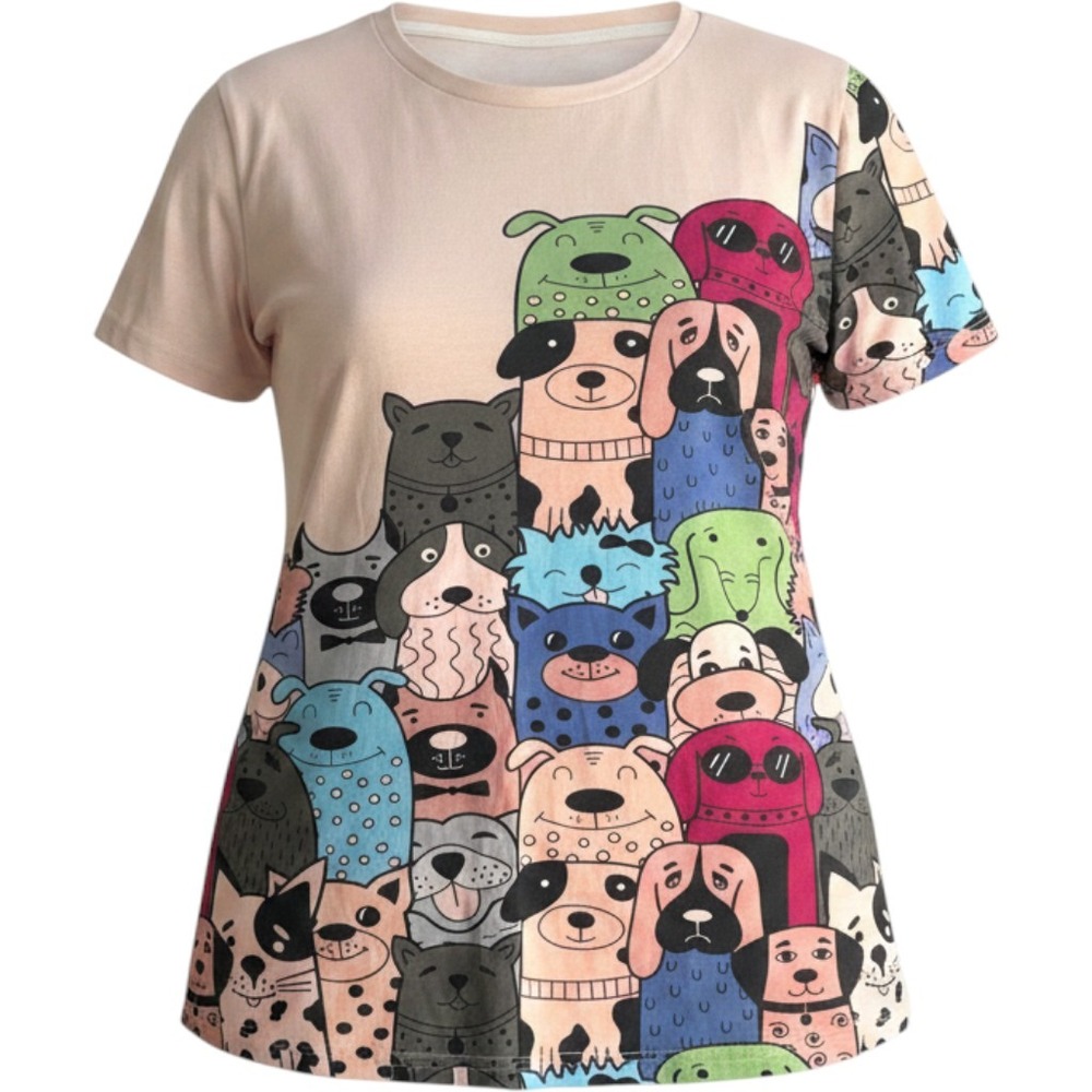 Pixie Lady T-Shirt Womens 2X Pink Cartoon Dog Graphic Relaxed Novelty‎ Tee Art